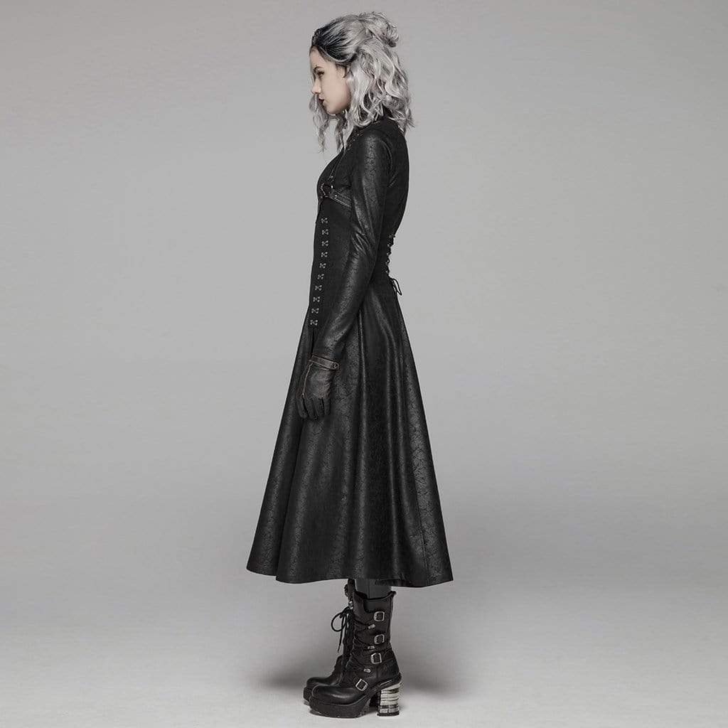 PUNK RAVE Women's Goth Front Zipper Stand Collar Maxi Overcoat