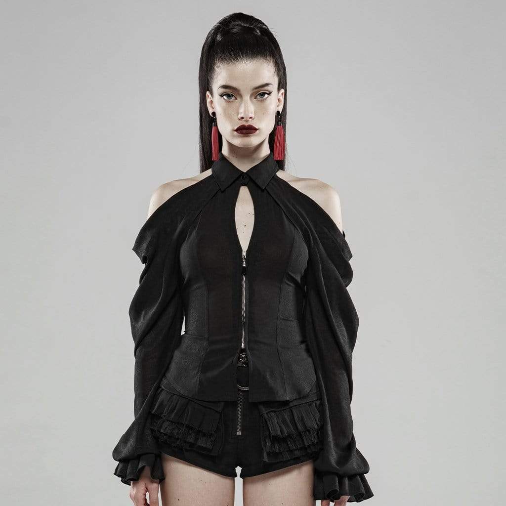 PUNK RAVE Women's Goth Off Shoulder Removable Sleeved Frilled Shirts