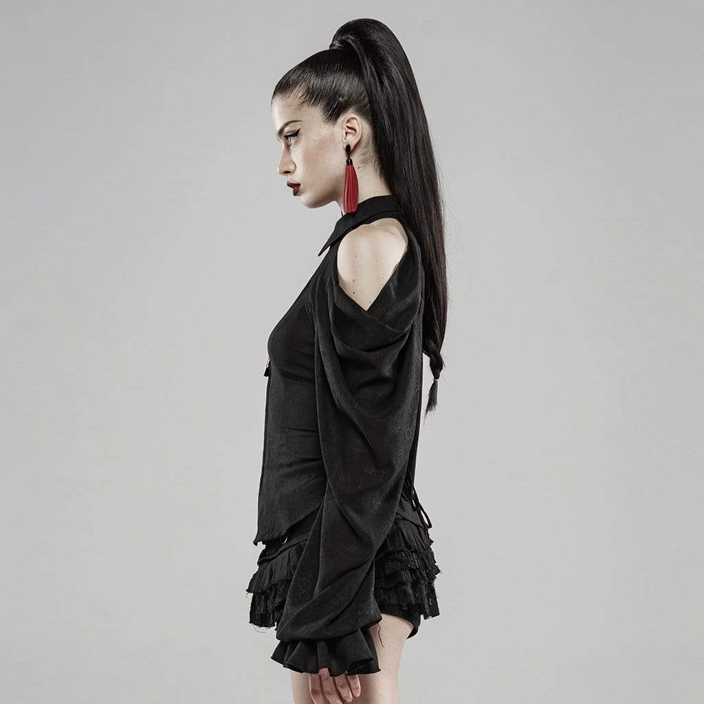 PUNK RAVE Women's Goth Off Shoulder Removable Sleeved Frilled Shirts