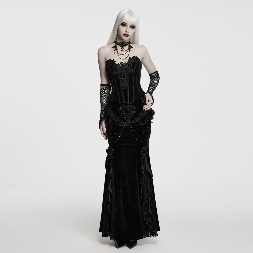 PUNK RAVE Women's Gothic Applique Beaded Long Gloves Black
