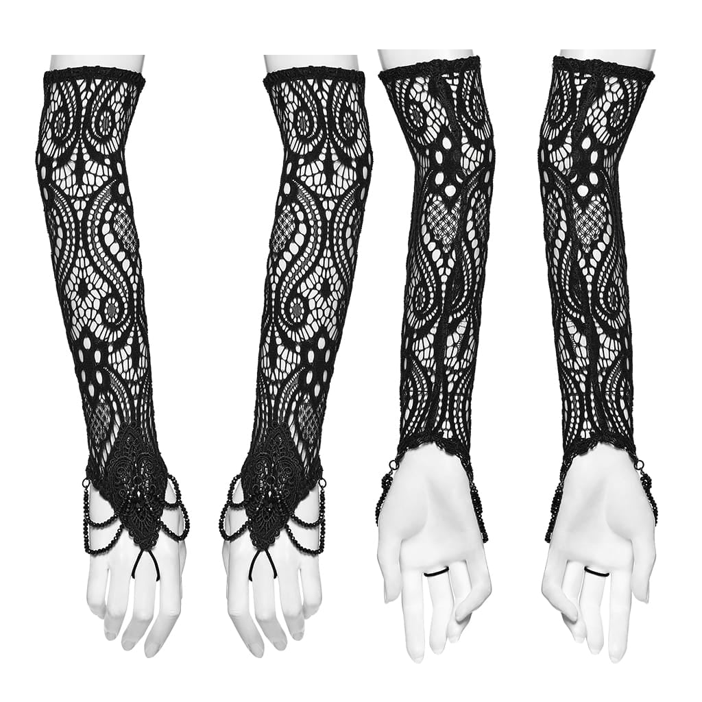 PUNK RAVE Women's Gothic Applique Beaded Long Gloves Black