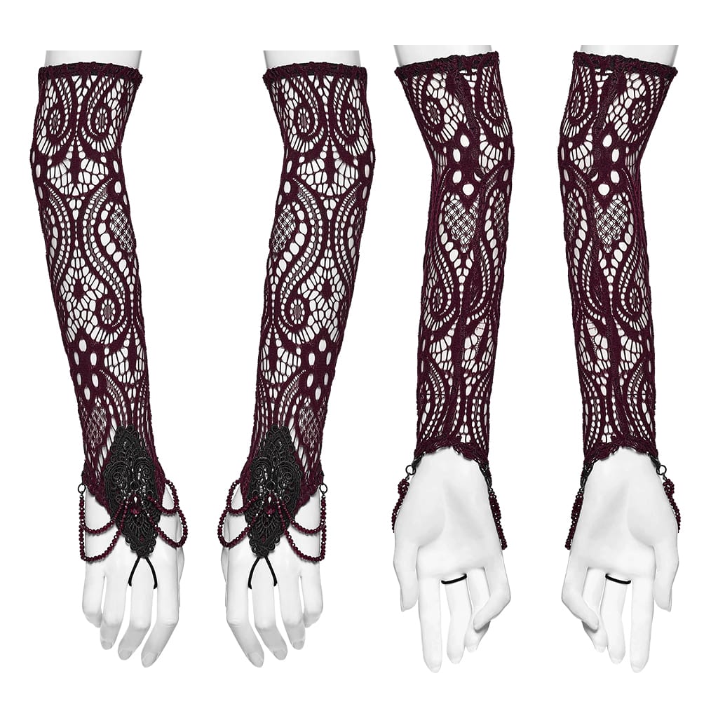 PUNK RAVE Women's Gothic Applique Beaded Long Gloves Red