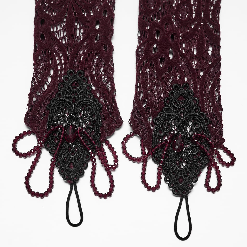PUNK RAVE Women's Gothic Applique Beaded Long Gloves Red