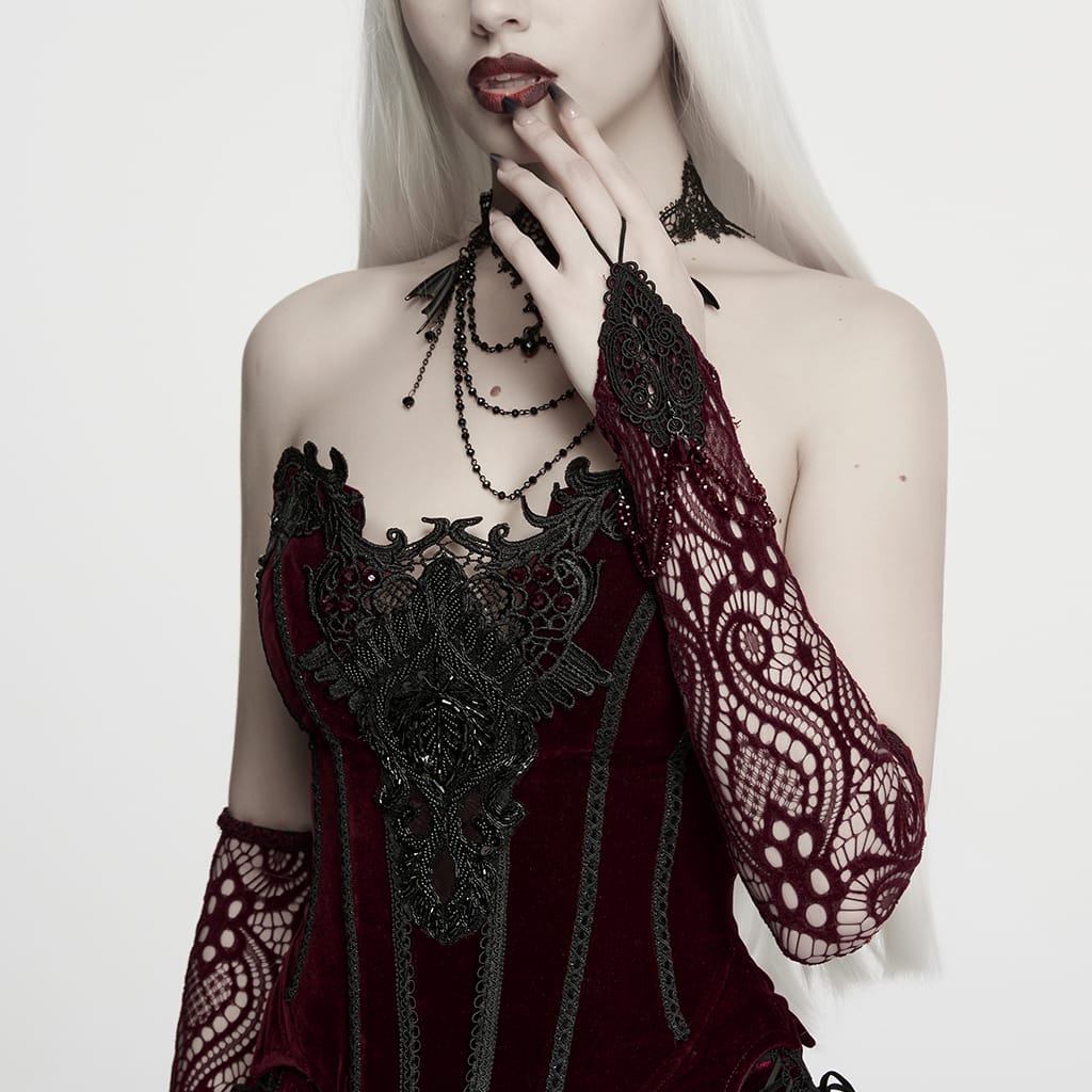 PUNK RAVE Women's Gothic Applique Beaded Long Gloves Red