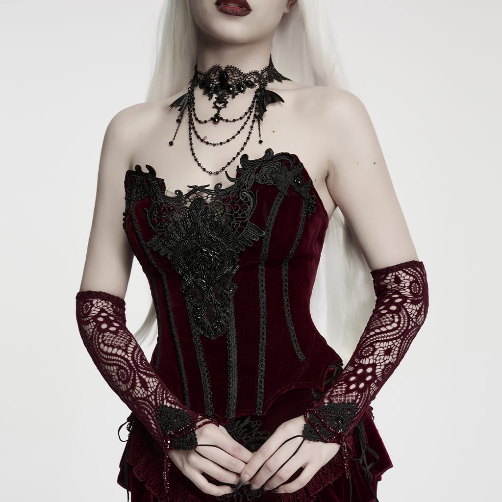 PUNK RAVE Women's Gothic Applique Beaded Long Gloves Red