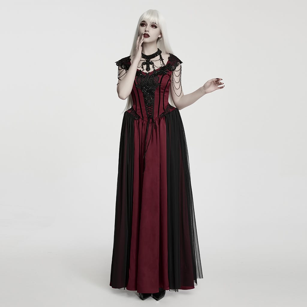 Women's Gothic Applique Chained Sleeveless Maxi Dress Black-Red – Punk Design
