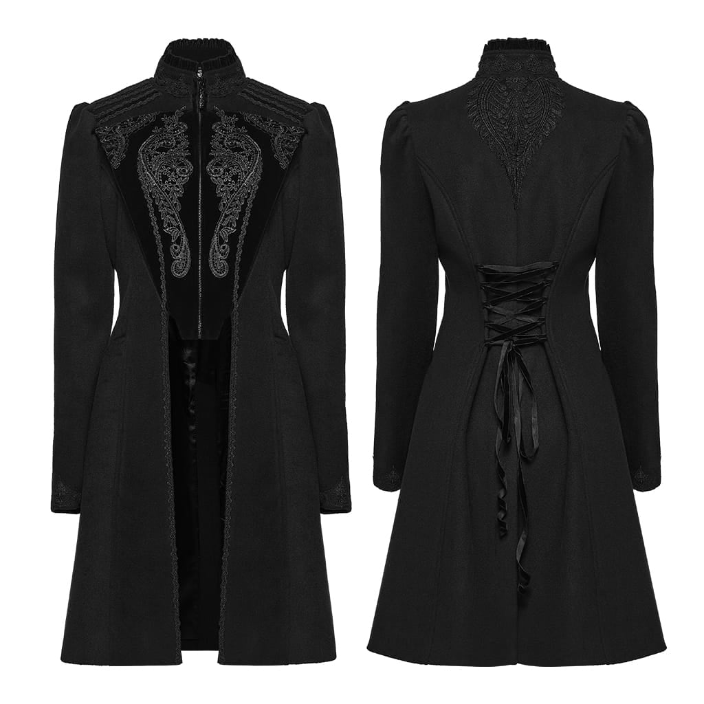 Women's Gothic Applique Lace-up Zipper Front Coat Black – Punk Design