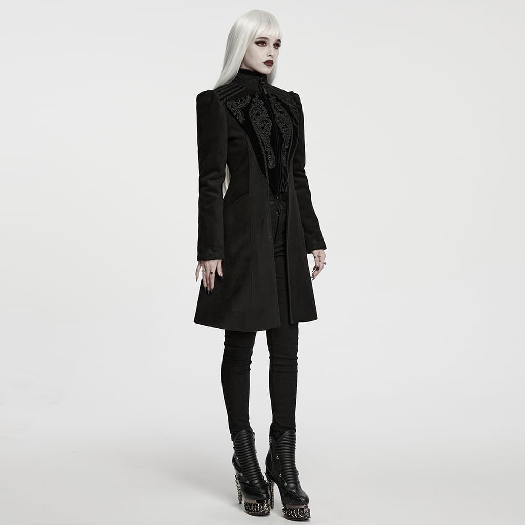 Women's Gothic Applique Lace-up Zipper Front Coat Black – Punk Design
