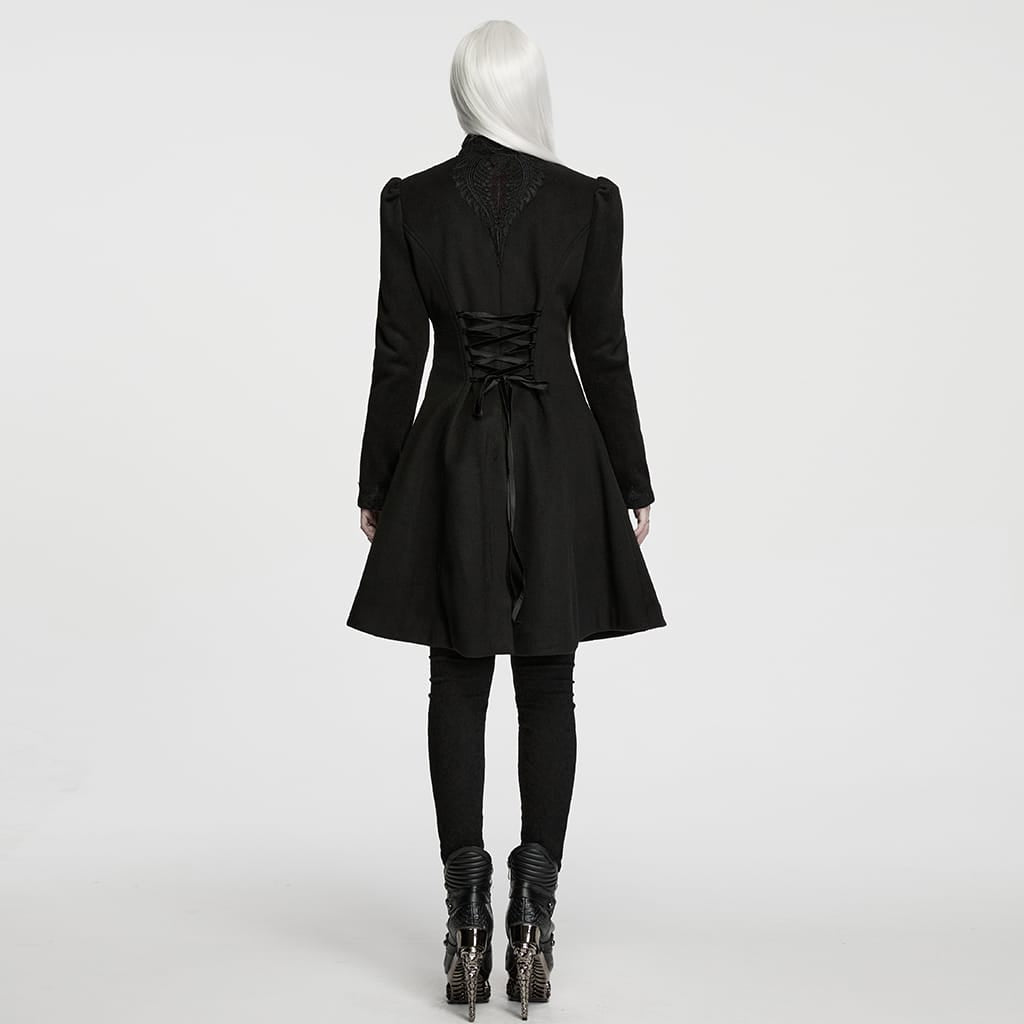 PUNK RAVE Women's Gothic Applique Lace-up Zipper Front Coat Black