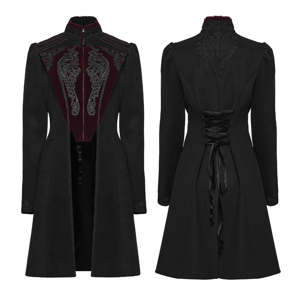 PUNK RAVE Women's Gothic Applique Lace-up Zipper Front Coat Black-Red
