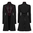 PUNK RAVE Women's Gothic Applique Lace-up Zipper Front Coat Black-Red