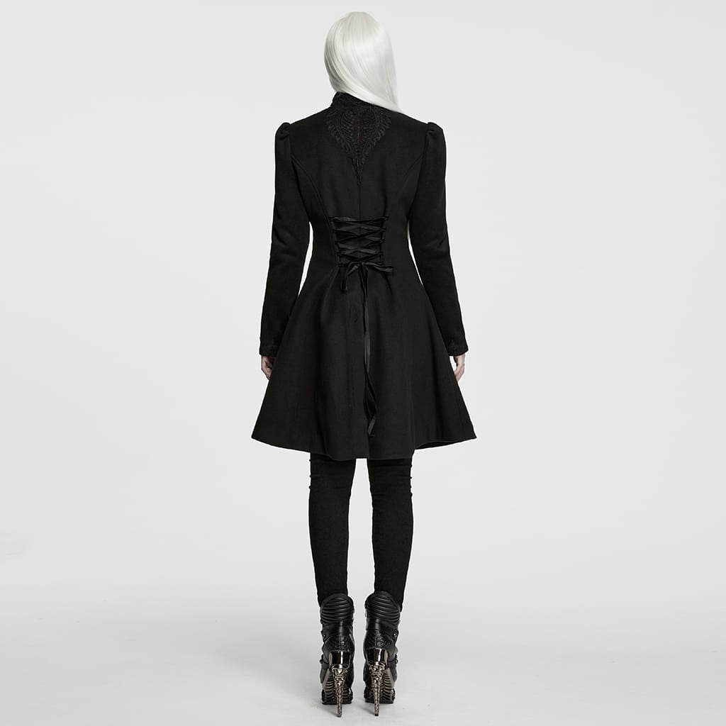 PUNK RAVE Women's Gothic Applique Lace-up Zipper Front Coat Black-Red