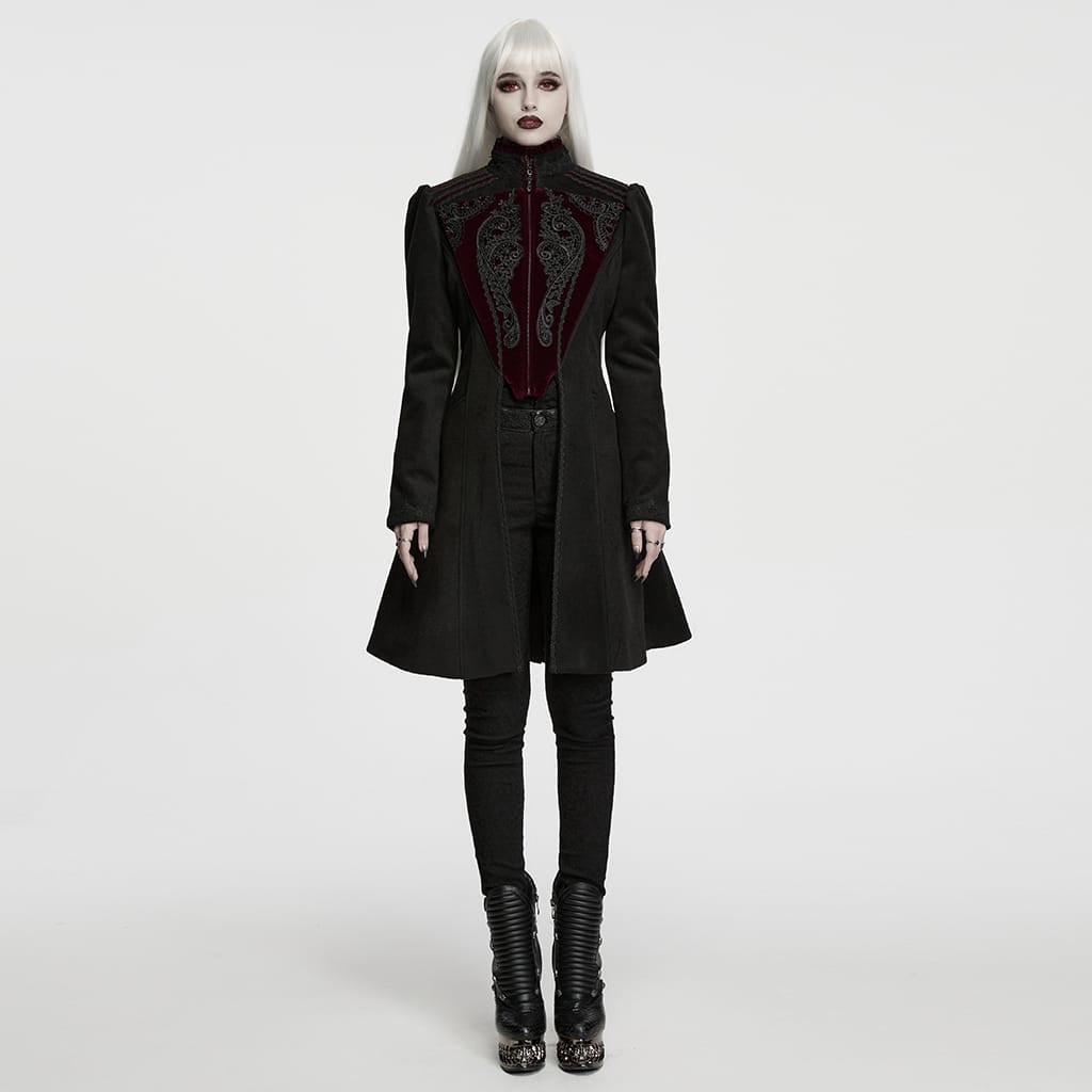 PUNK RAVE Women's Gothic Applique Lace-up Zipper Front Coat Black-Red
