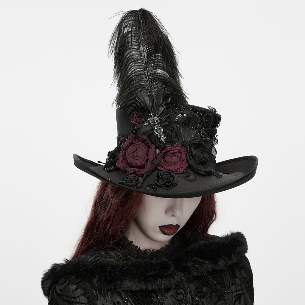 PUNK RAVE Women's Gothic Applique Rose Feather Top Hat
