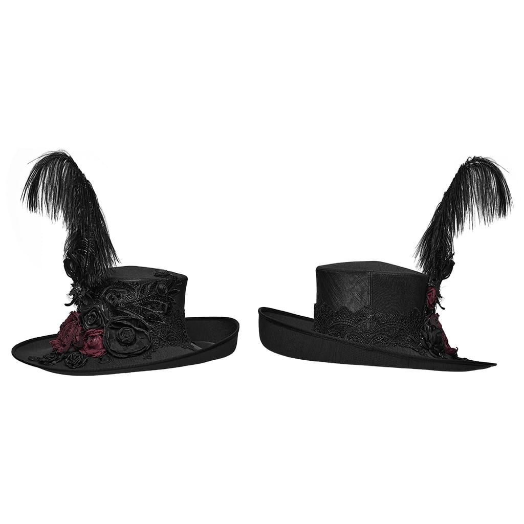PUNK RAVE Women's Gothic Applique Rose Feather Top Hat