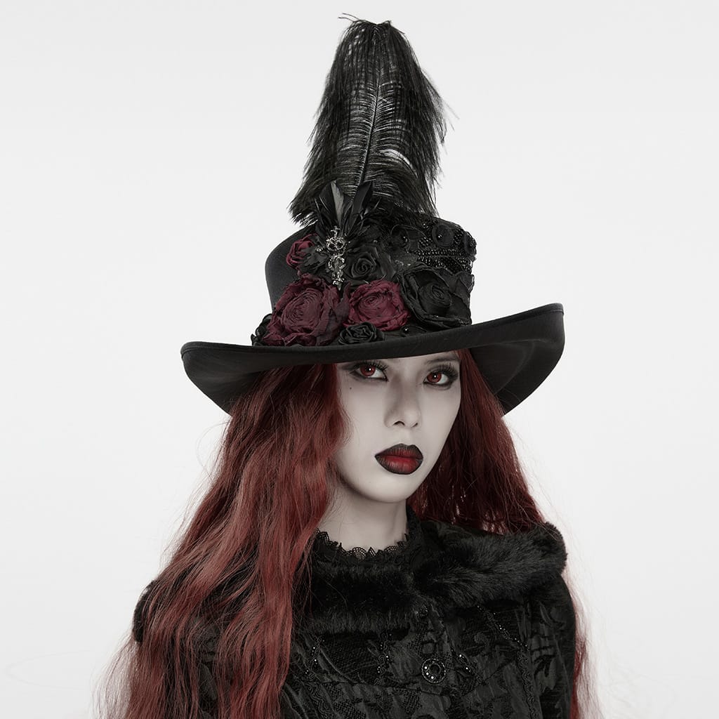 PUNK RAVE Women's Gothic Applique Rose Feather Top Hat