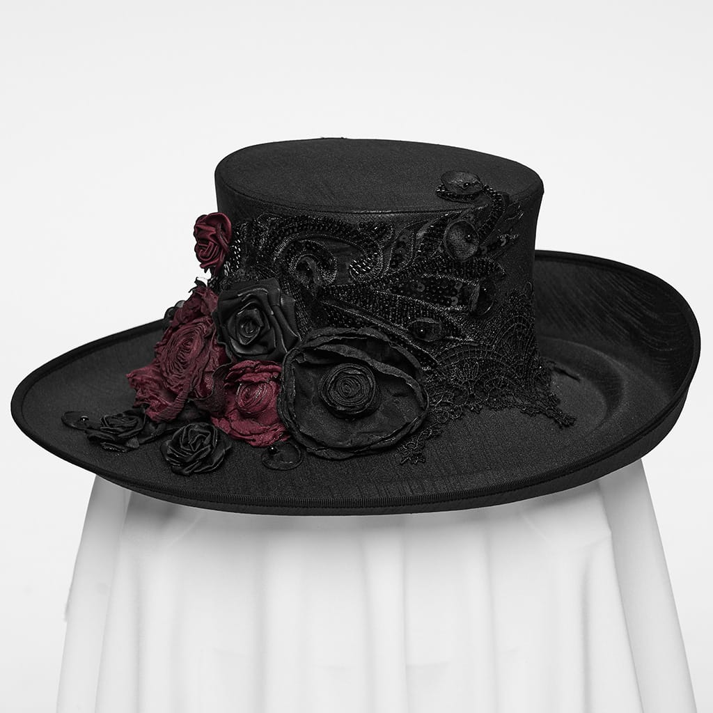 PUNK RAVE Women's Gothic Applique Rose Feather Top Hat