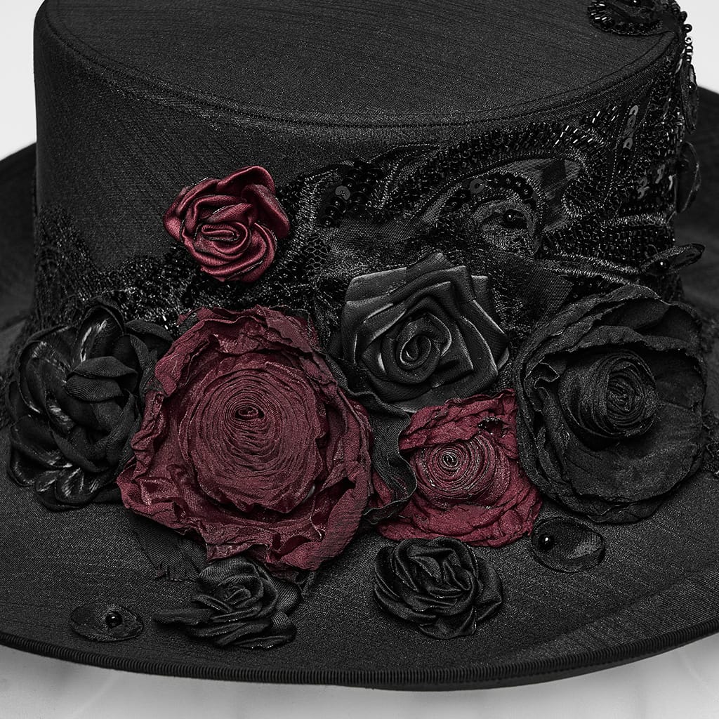 PUNK RAVE Women's Gothic Applique Rose Feather Top Hat
