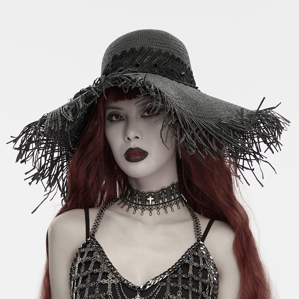 PUNK RAVE Women's Gothic Applique Rose Wide Brim Straw Hat