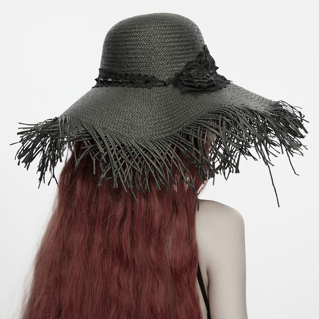 PUNK RAVE Women's Gothic Applique Rose Wide Brim Straw Hat