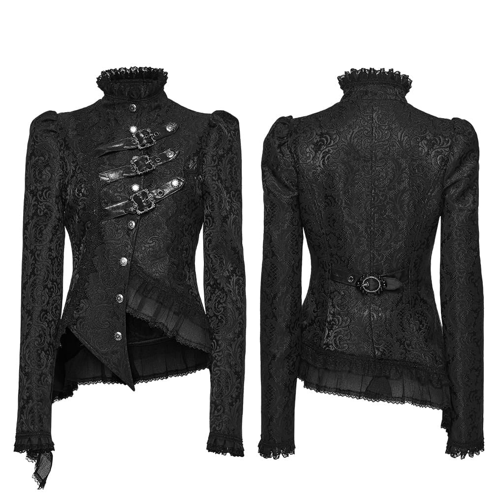 PUNK RAVE Women's Gothic Asymmetric Buckle Strap Jacquard Long Sleeve Jacket