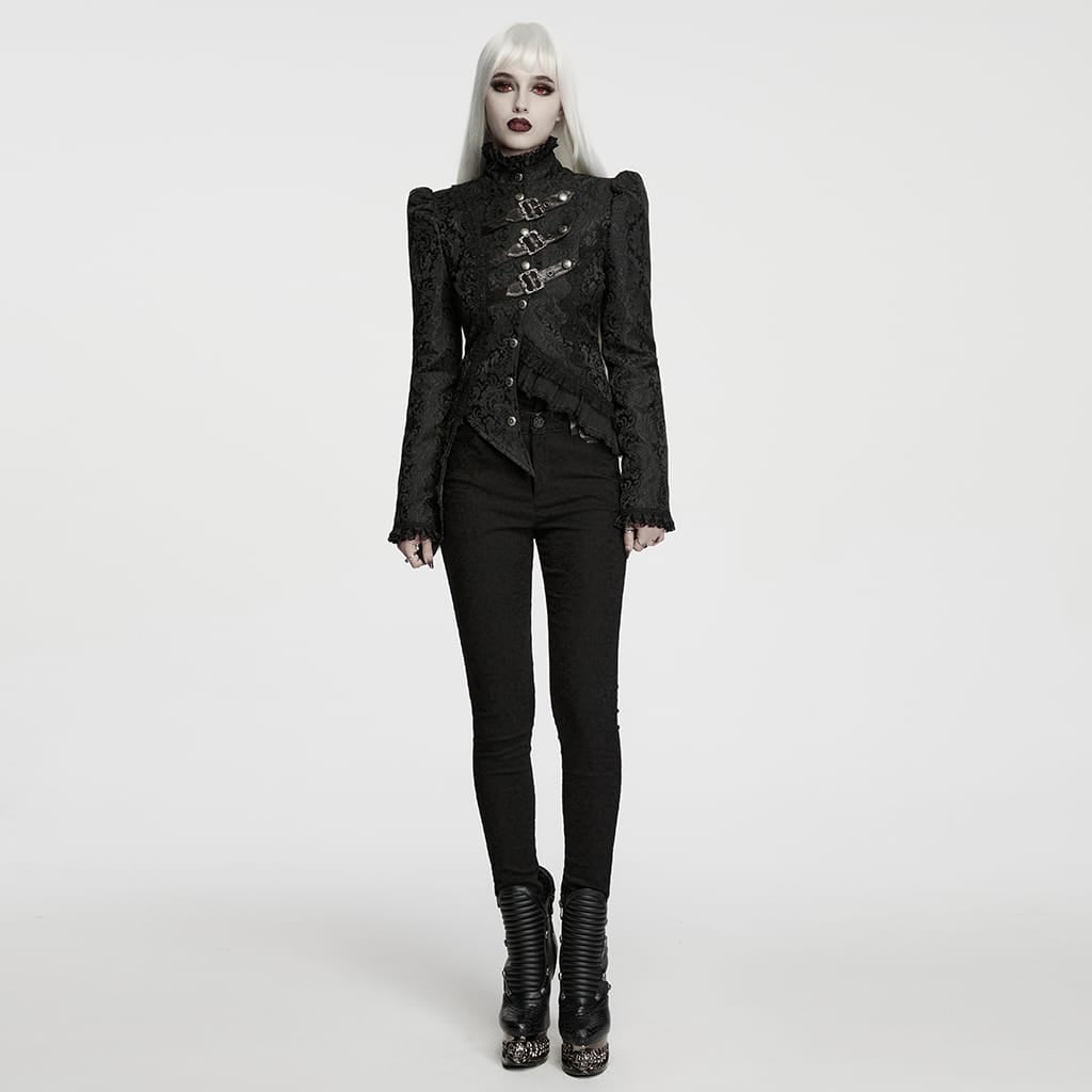 PUNK RAVE Women's Gothic Asymmetric Buckle Strap Jacquard Long Sleeve Jacket
