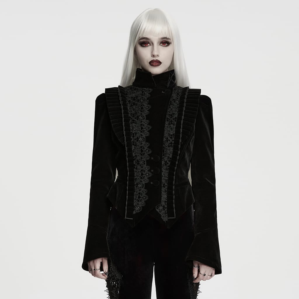 Women's Gothic Asymmetric Lace-up Lapel Velvet Coat Black – Punk
