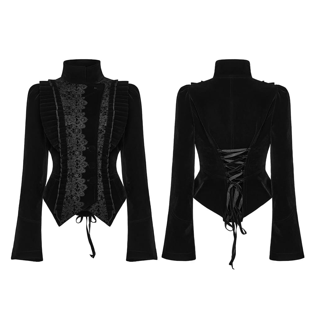 Women's Gothic Asymmetric Lace-up Lapel Velvet Coat Black – Punk