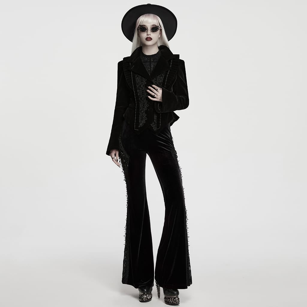 【NieR】VELVET STYLISH LONG COAT【刺繍WING】黒 Women's Gothic Asymmetric Lace-up Lapel Velvet Coat Black – Punk