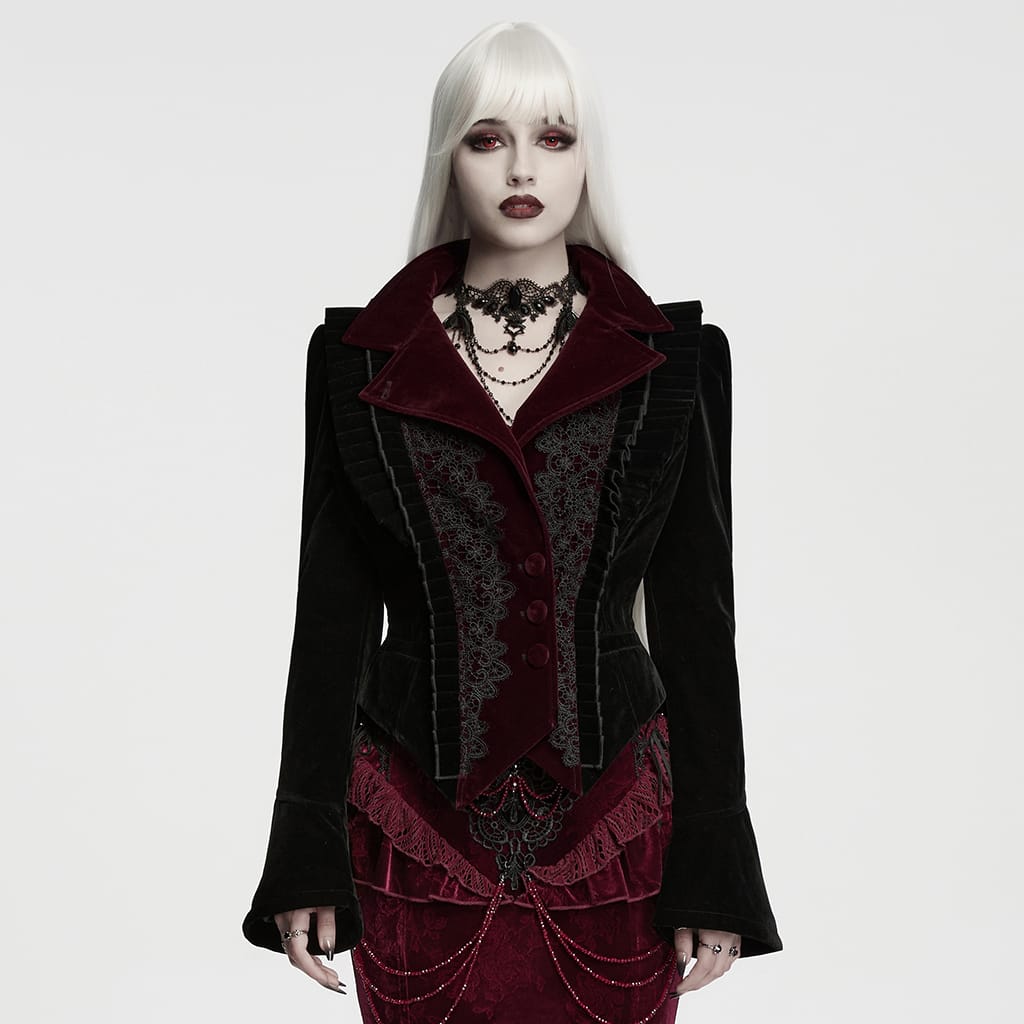 Women's Gothic Asymmetric Lace-up Lapel Velvet Coat Black-Red