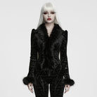 PUNK RAVE Women's Gothic Bat Jacquard Faux Fur Trim Velvet Long Sleeve Top