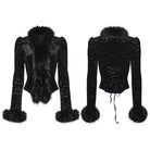 PUNK RAVE Women's Gothic Bat Jacquard Faux Fur Trim Velvet Long Sleeve Top