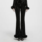 PUNK RAVE Women's Gothic Bat Jacquard Ruffle Trim Velvet Flare Pants