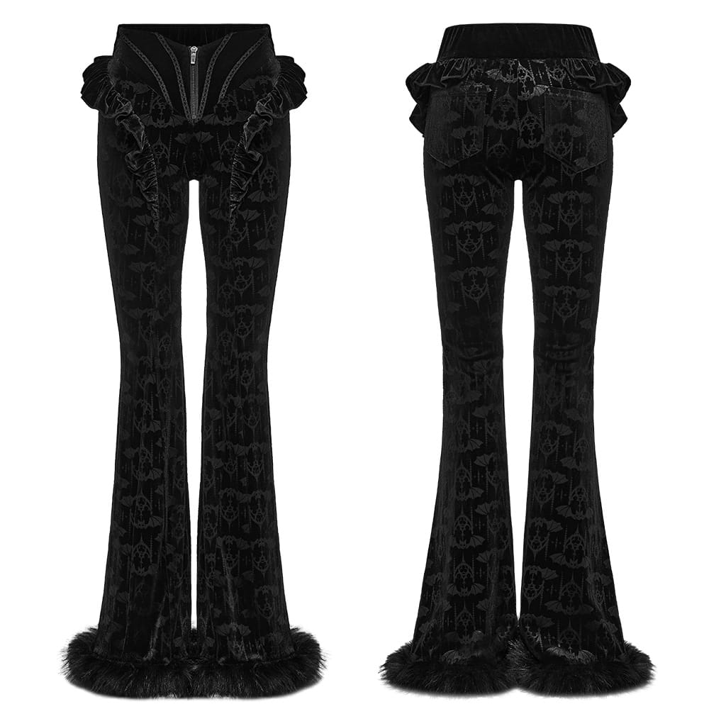 Women's Gothic Bat Jacquard Ruffle Trim Velvet Flare Pants – Punk