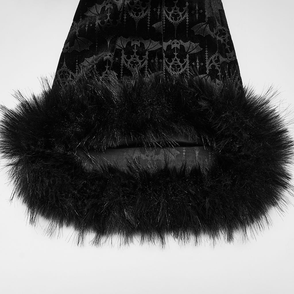 PUNK RAVE Women's Gothic Bat Jacquard Ruffle Trim Velvet Flare Pants