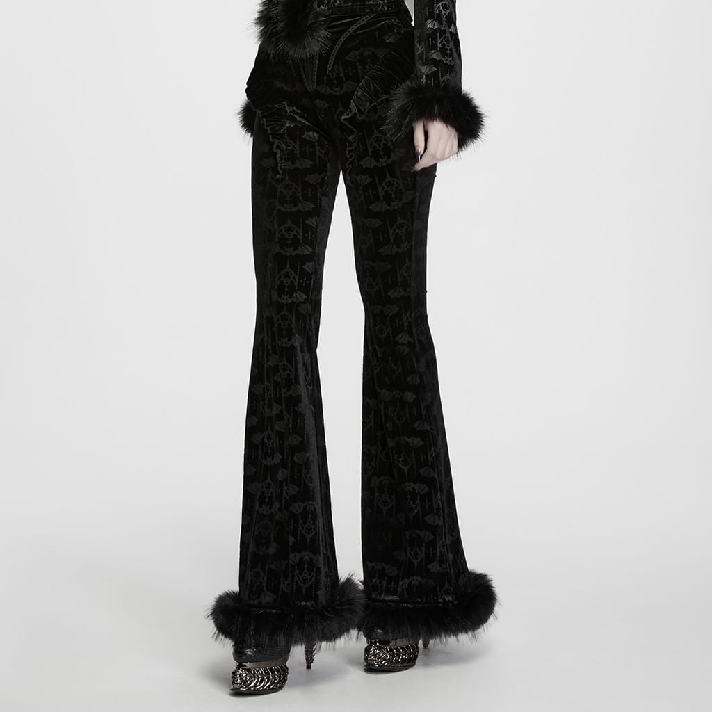 PUNK RAVE Women's Gothic Bat Jacquard Ruffle Trim Velvet Flare Pants