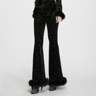 PUNK RAVE Women's Gothic Bat Jacquard Ruffle Trim Velvet Flare Pants