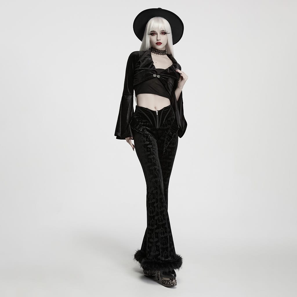 PUNK RAVE Women's Gothic Bat Jacquard Ruffle Trim Velvet Flare Pants