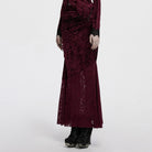 PUNK RAVE Women's Gothic Batwing Lace Splice Velvet Fishtailed Skirt Red