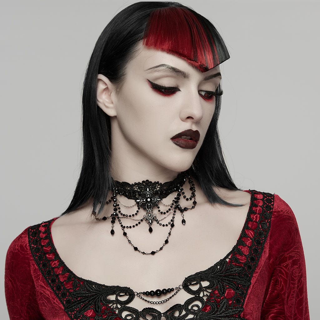 PUNK RAVE Women's Gothic Beaded Chained Lace Choker