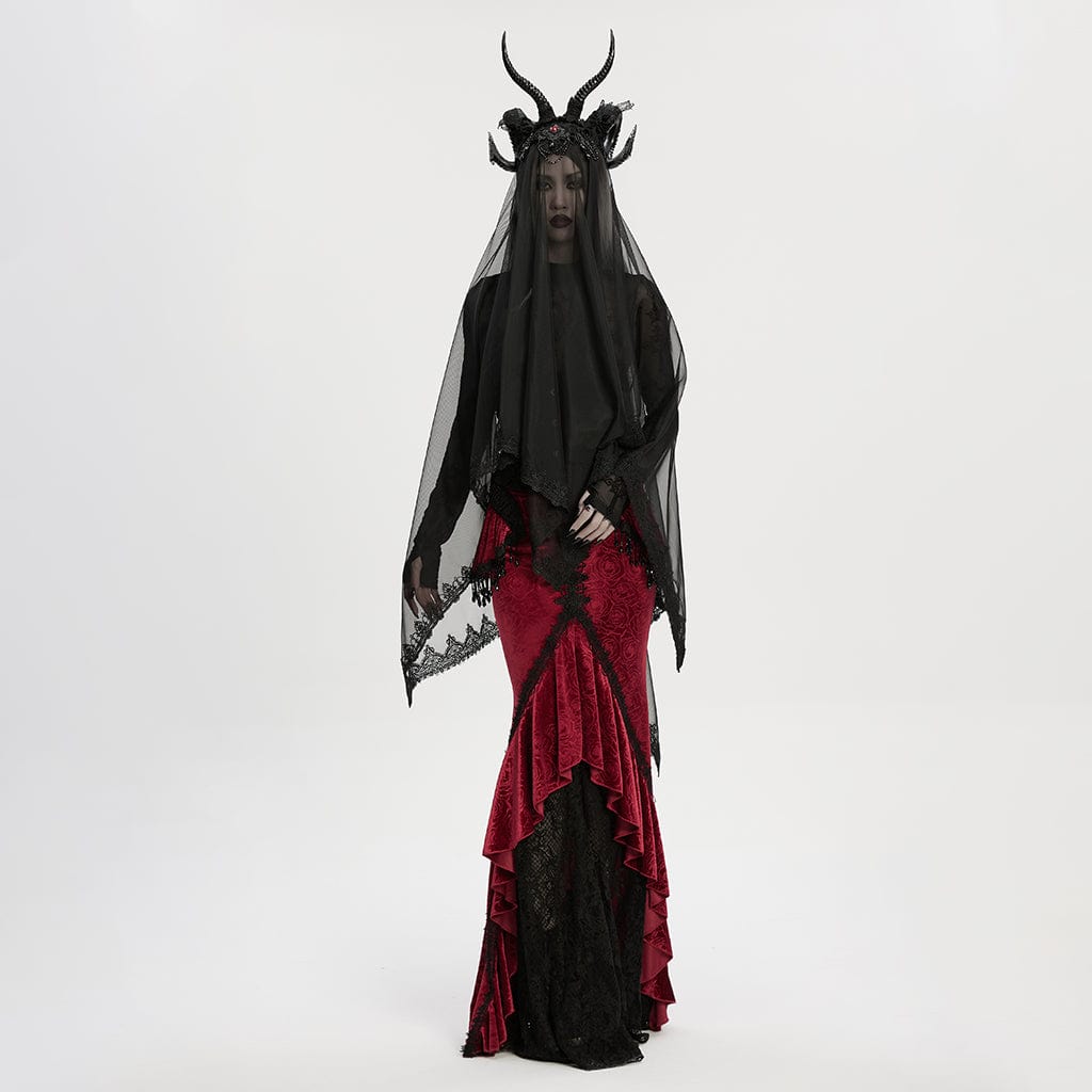 PUNK RAVE Women's Gothic Beaded Demon Horn Veil Headwear