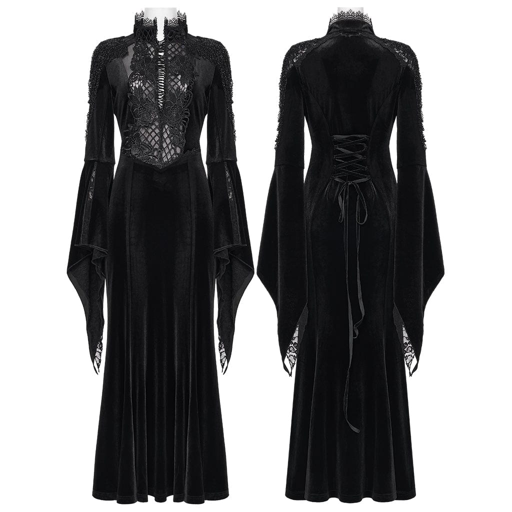 PUNK RAVE Women's Gothic Beaded Flare Sleeved Maxi Dress Witch Dress