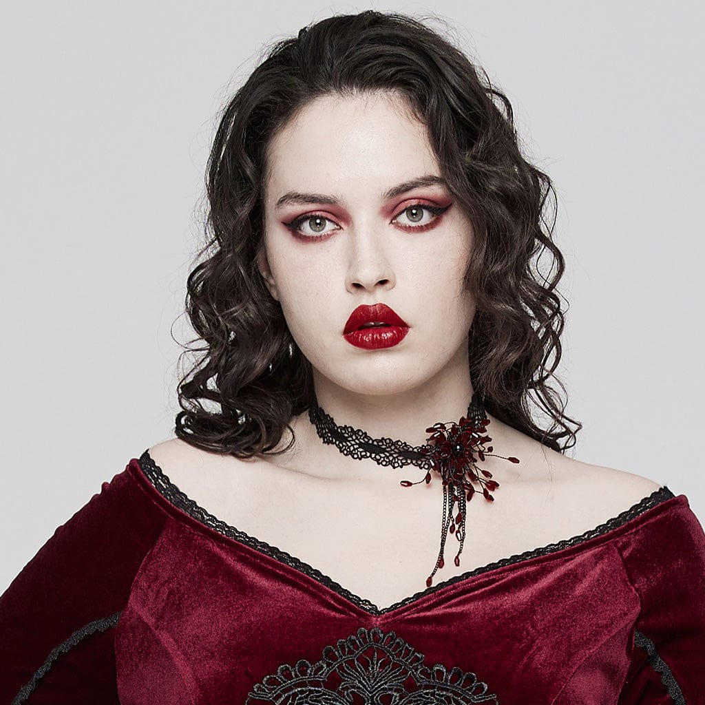 PUNK RAVE Women's Gothic Beaded Flared Lace Choker