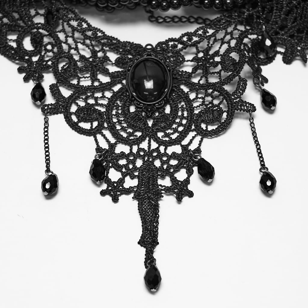 PUNK RAVE Women's Gothic Beaded Lace Choker Black