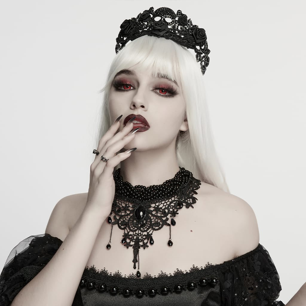 PUNK RAVE Women's Gothic Beaded Lace Choker Black