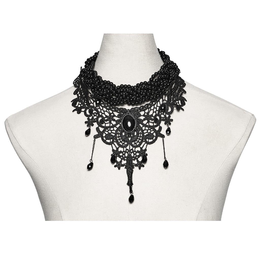 PUNK RAVE Women's Gothic Beaded Lace Choker Black