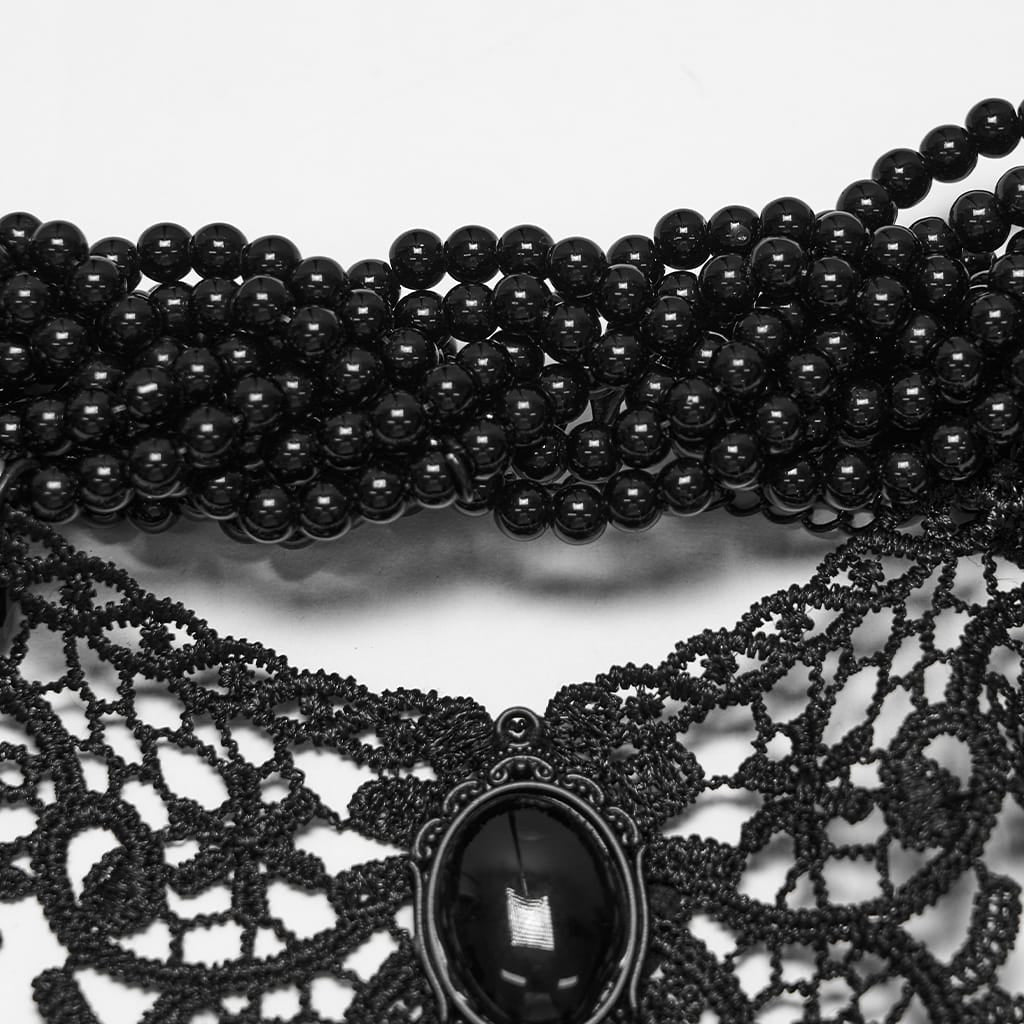 PUNK RAVE Women's Gothic Beaded Lace Choker Black