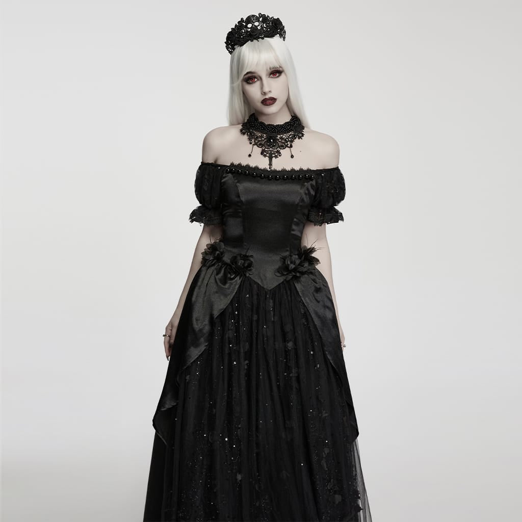 PUNK RAVE Women's Gothic Beaded Lace Choker Black