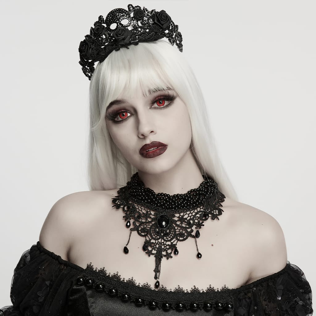 PUNK RAVE Women's Gothic Beaded Lace Choker Black