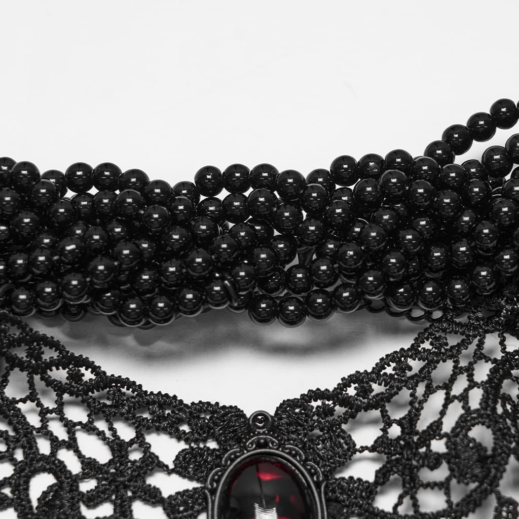PUNK RAVE Women's Gothic Beaded Lace Choker Black-Red